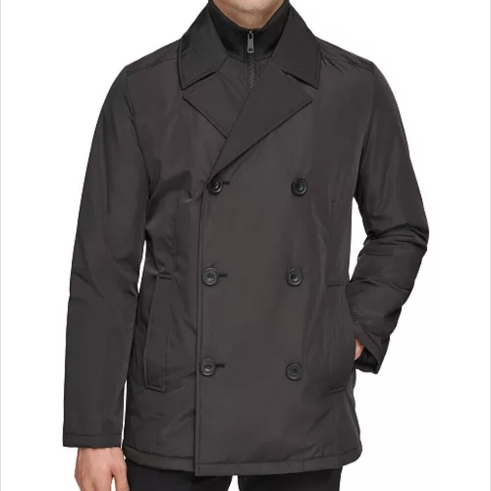 Kenneth Cole Men's Double Breasted Winter Rain Peacoat Quilted Bib Black L